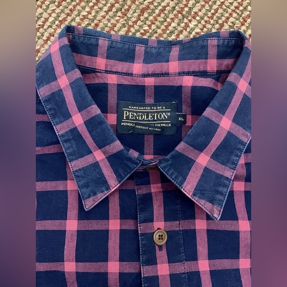 Men's XL Pendleton Navy Blue Pink Plaid Check 100% Cotton Button Down Shirt - Picture 4 of 9